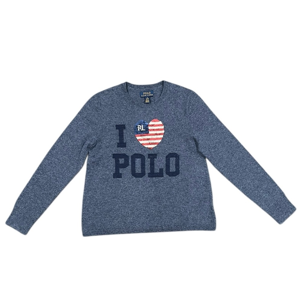 Polo Ralph Lauren Sweater Girls Blue I Heart USA flag Polo Pullover Size M 8-10 - Picture 4 of 13
